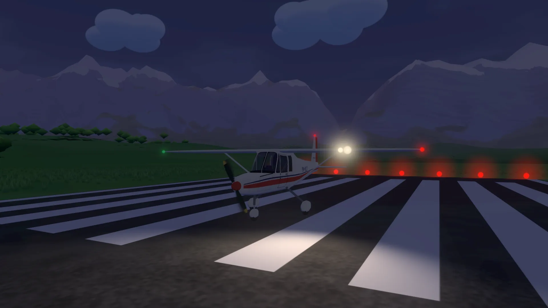 The plane on the runway after sunset with its lights on