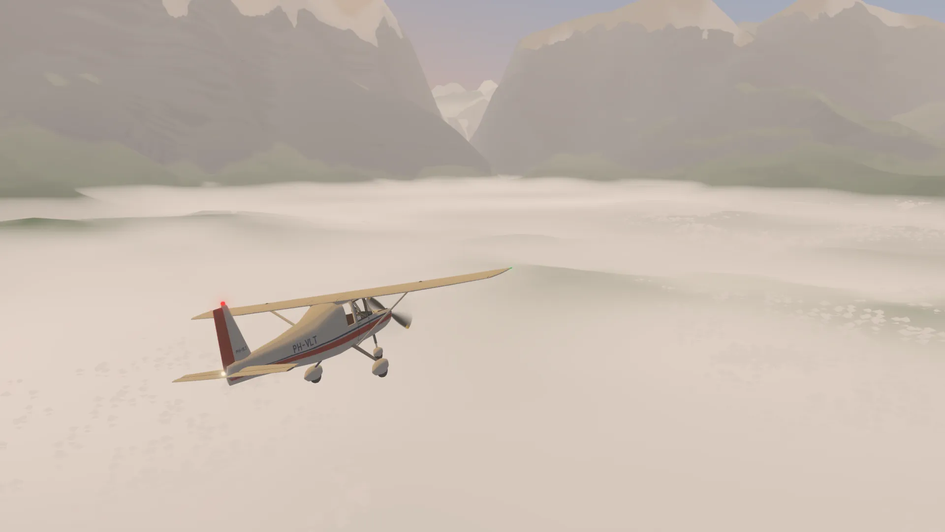 The plane banking above morning fog in a mountain valley